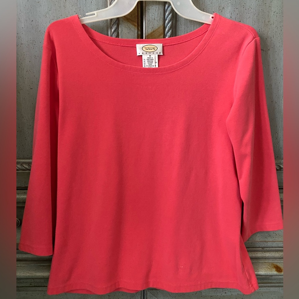 Coral, collarless top with 3/4 sleeves